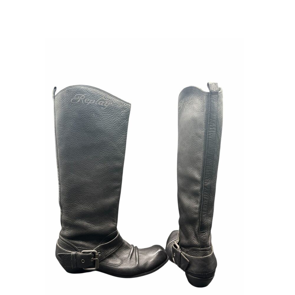 Replay Black Leather Tall Moto Boots Women’s 9.5 Buckle Riding